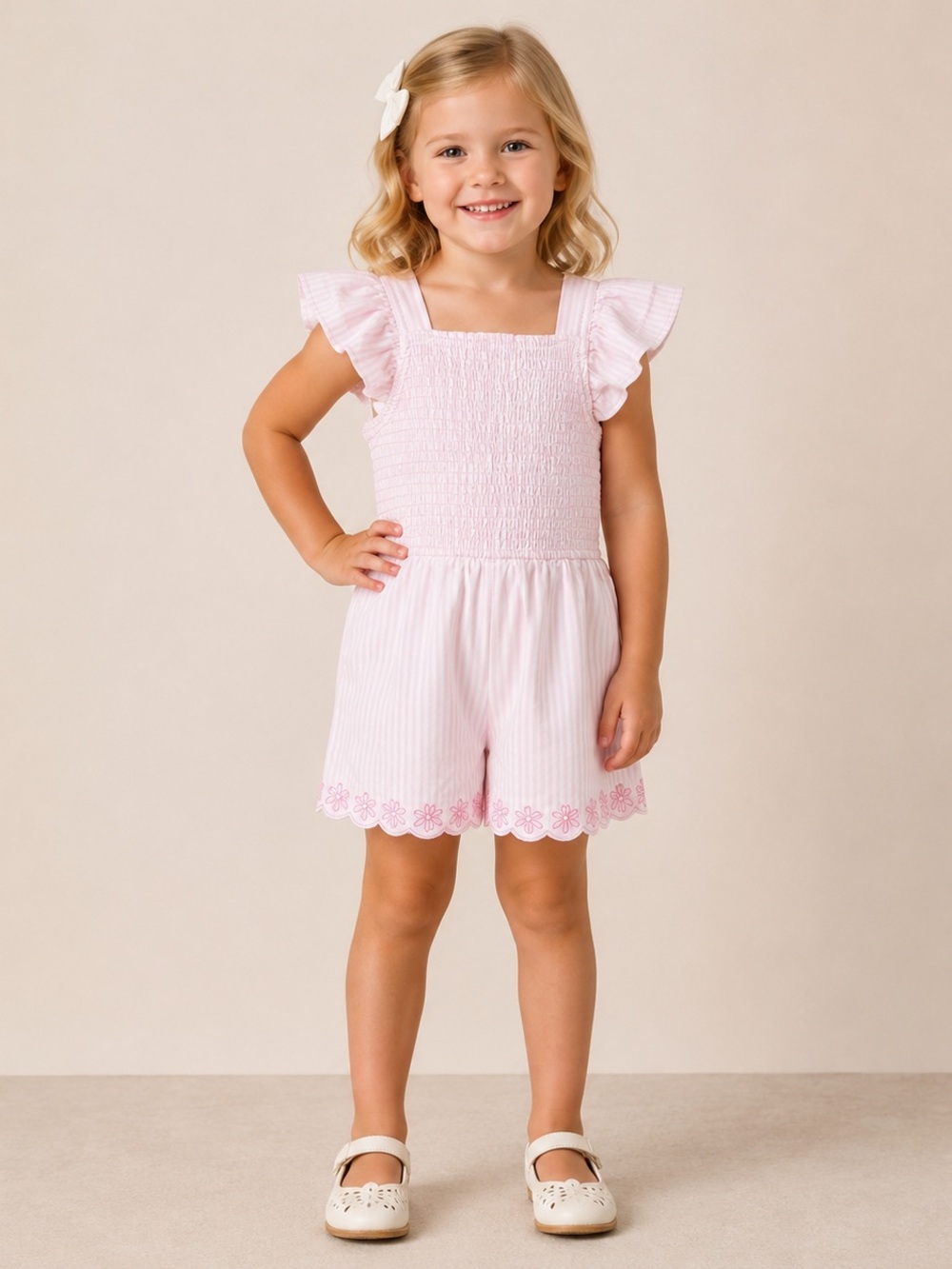 Draper James Light Pink Smocked Romper with Flutter Sleeves